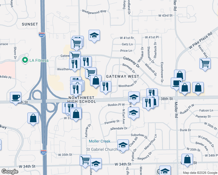 map of restaurants, bars, coffee shops, grocery stores, and more near 6031 Westhaven Drive in Indianapolis