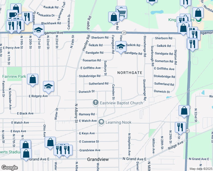 map of restaurants, bars, coffee shops, grocery stores, and more near 2300-2598 Sutherland Rd in Springfield
