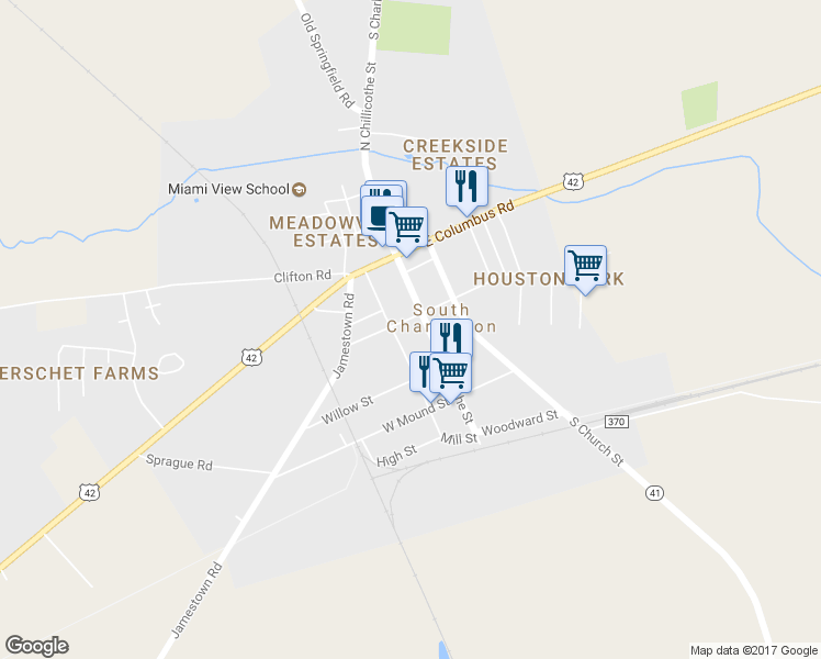 map of restaurants, bars, coffee shops, grocery stores, and more near 11 West Jamestown Street in South Charleston