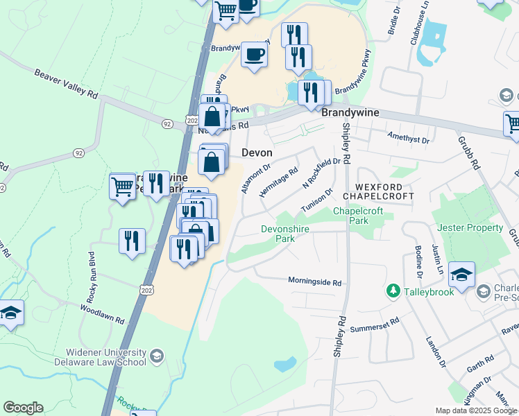 map of restaurants, bars, coffee shops, grocery stores, and more near 3401 North Rockfield Drive in Wilmington