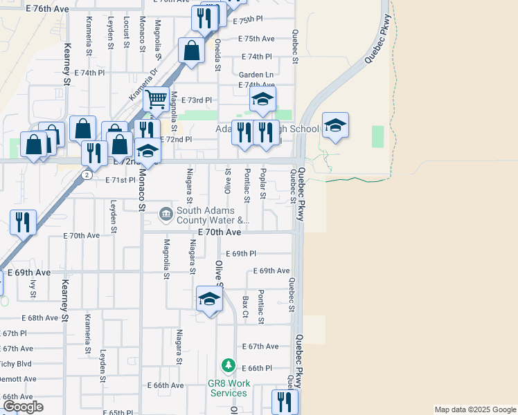 map of restaurants, bars, coffee shops, grocery stores, and more near 7061 Poplar Street in Commerce City