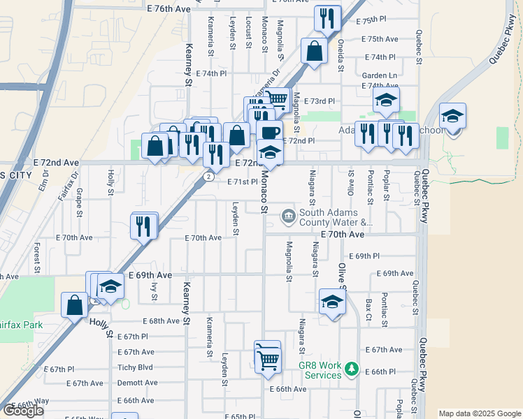 map of restaurants, bars, coffee shops, grocery stores, and more near 7081 Monaco Street in Commerce City