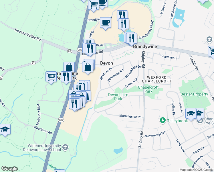 map of restaurants, bars, coffee shops, grocery stores, and more near 3401 North Rockfield Drive in Wilmington