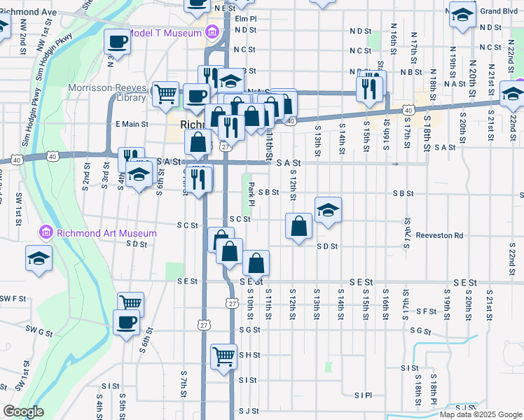 map of restaurants, bars, coffee shops, grocery stores, and more near 224 South 11th Street in Richmond