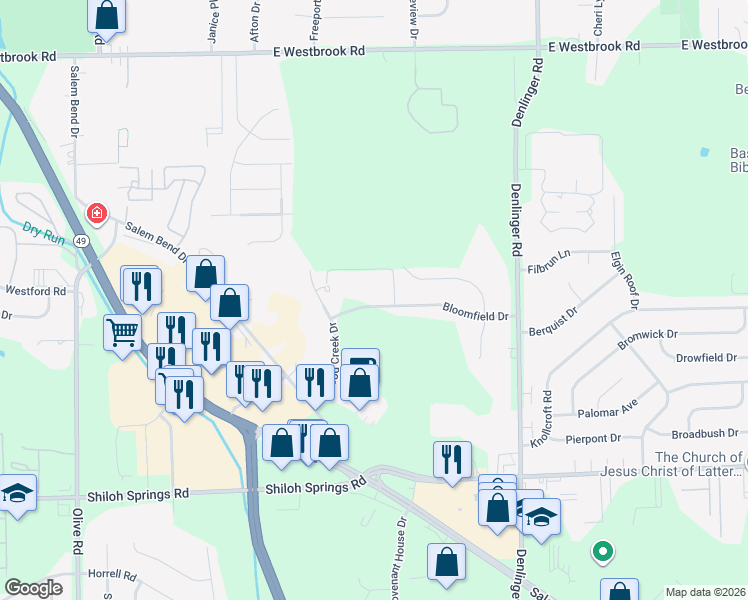 map of restaurants, bars, coffee shops, grocery stores, and more near 4921 Bloomfield Drive in Trotwood