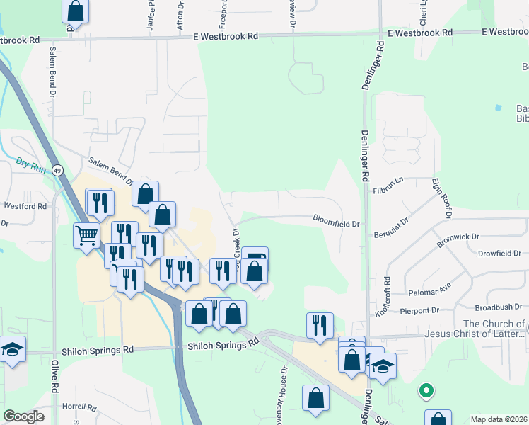 map of restaurants, bars, coffee shops, grocery stores, and more near 4921 Bloomfield Drive in Trotwood