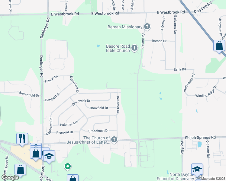 map of restaurants, bars, coffee shops, grocery stores, and more near 4181 Knollcroft Road in Dayton