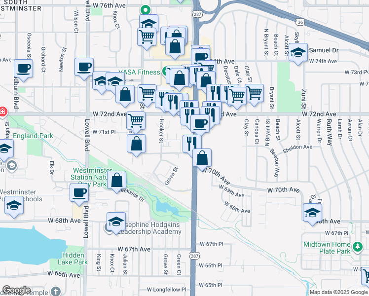 map of restaurants, bars, coffee shops, grocery stores, and more near 7120 North Grove Street in Westminster