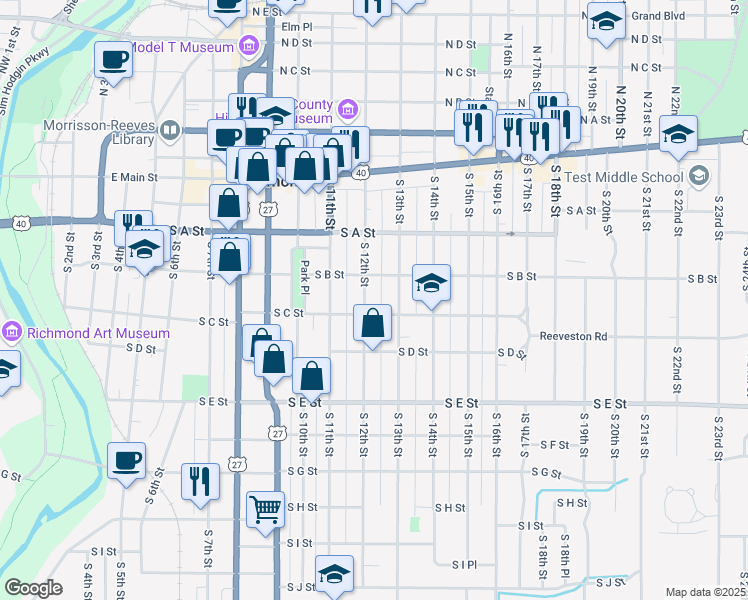map of restaurants, bars, coffee shops, grocery stores, and more near 223 South 12th Street in Richmond