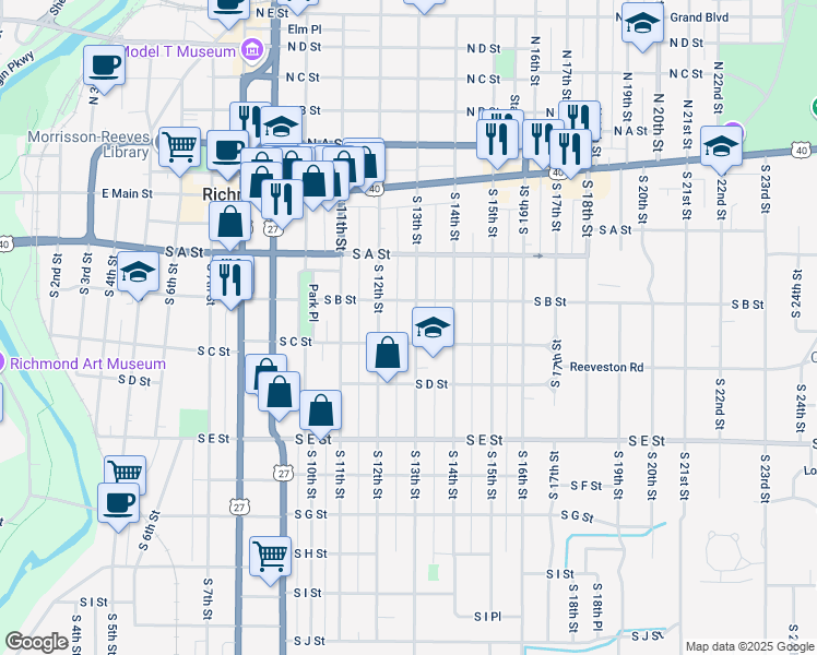 map of restaurants, bars, coffee shops, grocery stores, and more near 224 South 13th Street in Richmond