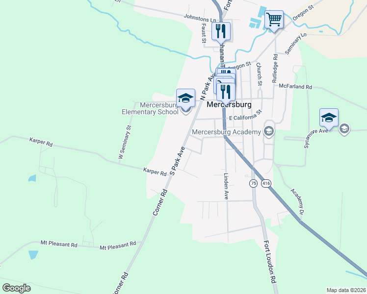 map of restaurants, bars, coffee shops, grocery stores, and more near 1 Prospect Street in Mercersburg