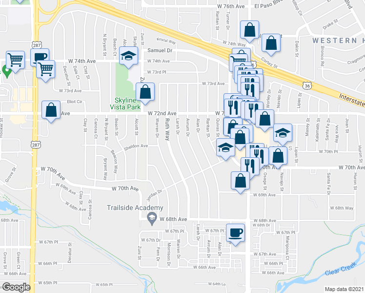 map of restaurants, bars, coffee shops, grocery stores, and more near 7060 Larsh Drive in Denver