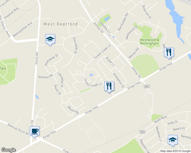 map of restaurants, bars, coffee shops, grocery stores, and more near 75 Cedarwood Drive in West Deptford
