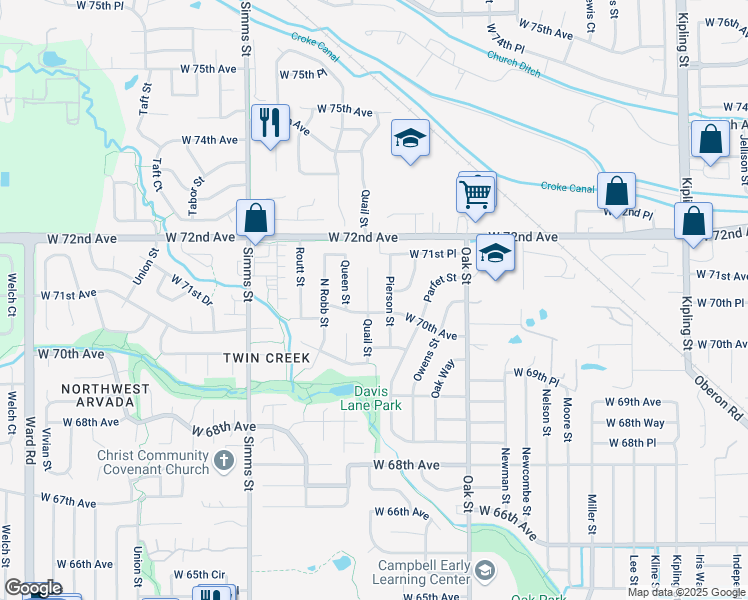 map of restaurants, bars, coffee shops, grocery stores, and more near 7012 Quail Street in Arvada
