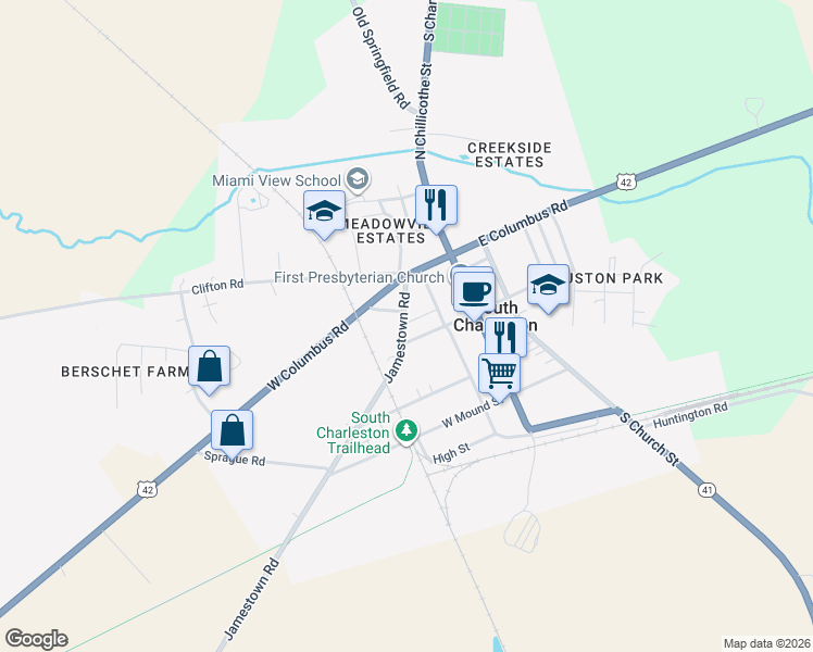 map of restaurants, bars, coffee shops, grocery stores, and more near 26 Jamestown Road in South Charleston