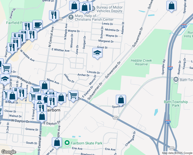 map of restaurants, bars, coffee shops, grocery stores, and more near 504 Archer Drive in Fairborn