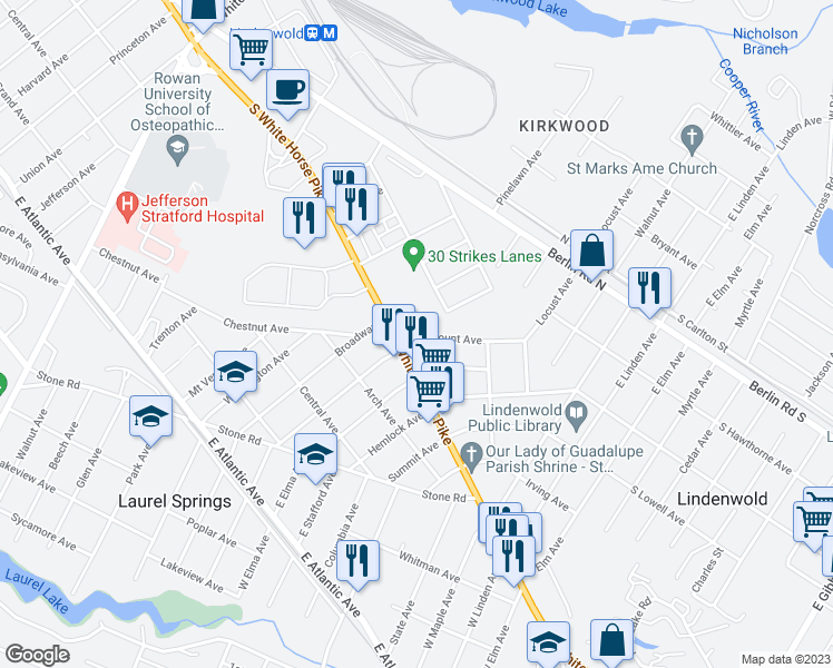 map of restaurants, bars, coffee shops, grocery stores, and more near 8 Fairmount Avenue in Lindenwold