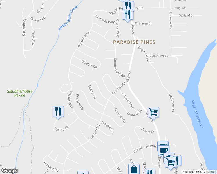 map of restaurants, bars, coffee shops, grocery stores, and more near 14192 Sherwood Circle in Magalia