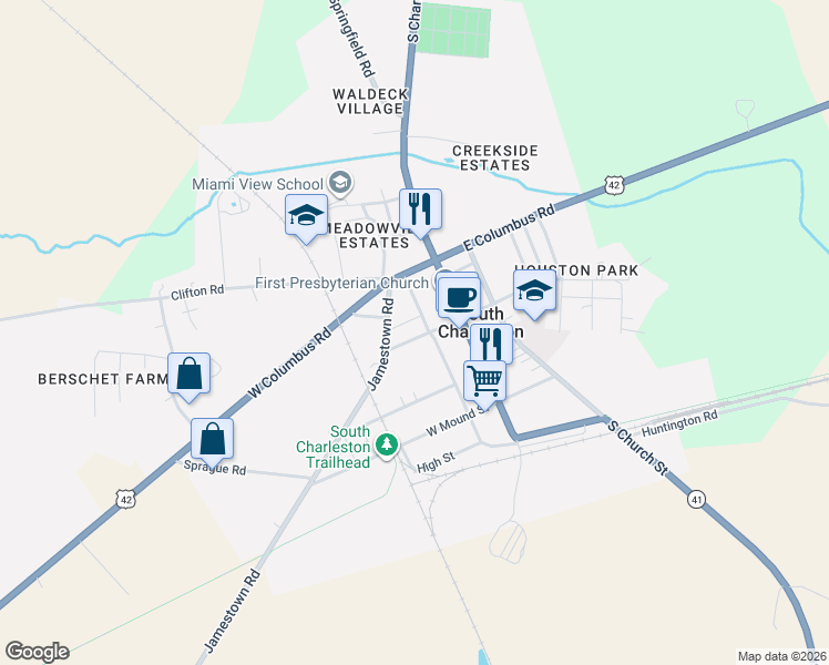 map of restaurants, bars, coffee shops, grocery stores, and more near 110 West Jamestown Street in South Charleston