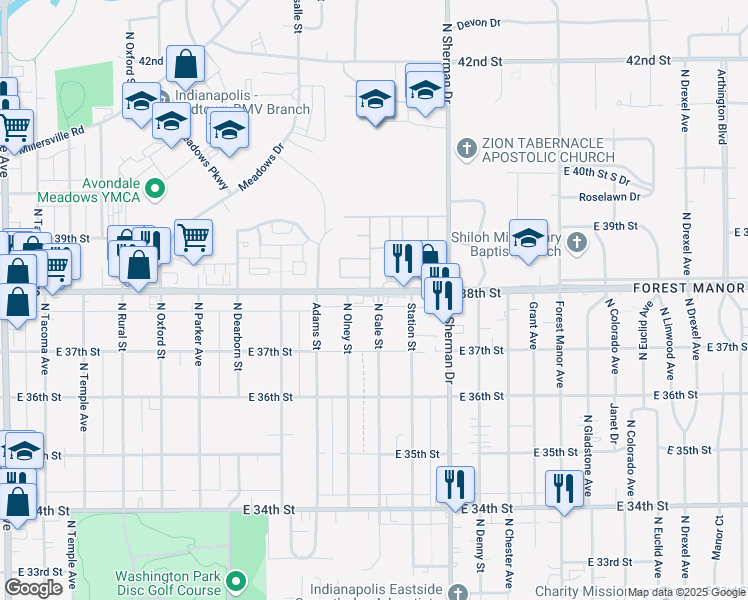 map of restaurants, bars, coffee shops, grocery stores, and more near 3525 East 38th Street in Indianapolis