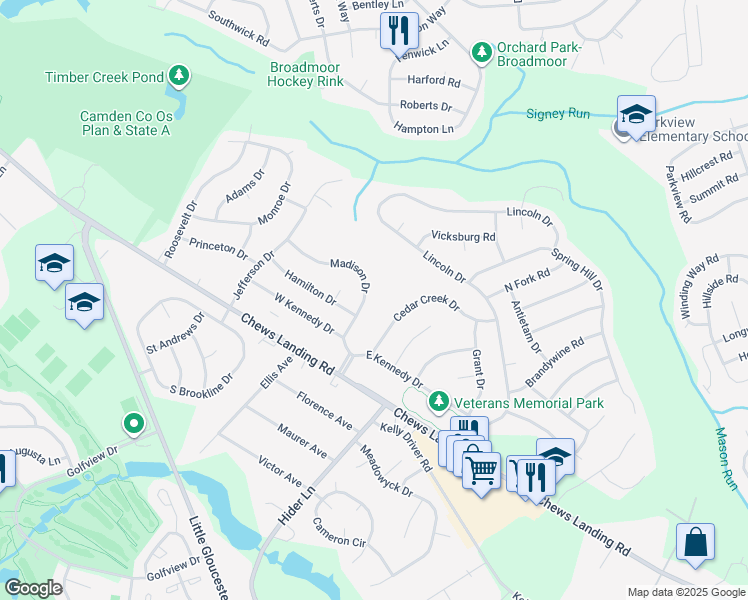 map of restaurants, bars, coffee shops, grocery stores, and more near 13 Madison Drive in Laurel Springs