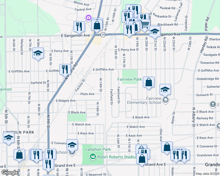map of restaurants, bars, coffee shops, grocery stores, and more near 1801-1999 Fairfield Dr in Springfield