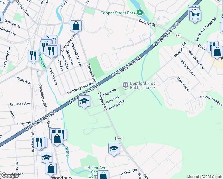 map of restaurants, bars, coffee shops, grocery stores, and more near 741 Maple Road in Deptford