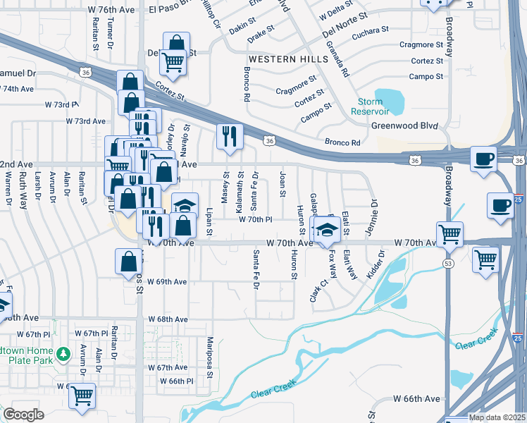 map of restaurants, bars, coffee shops, grocery stores, and more near 7085 Inca Way in Denver