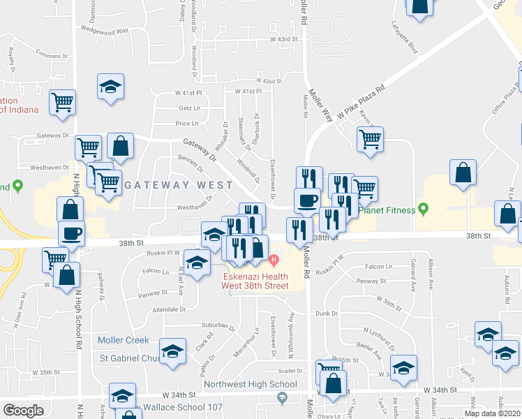map of restaurants, bars, coffee shops, grocery stores, and more near 5619 Gateway Drive in Indianapolis