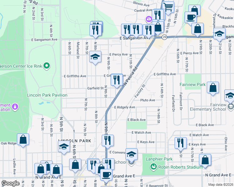 map of restaurants, bars, coffee shops, grocery stores, and more near 1809 North Peoria Road in Springfield