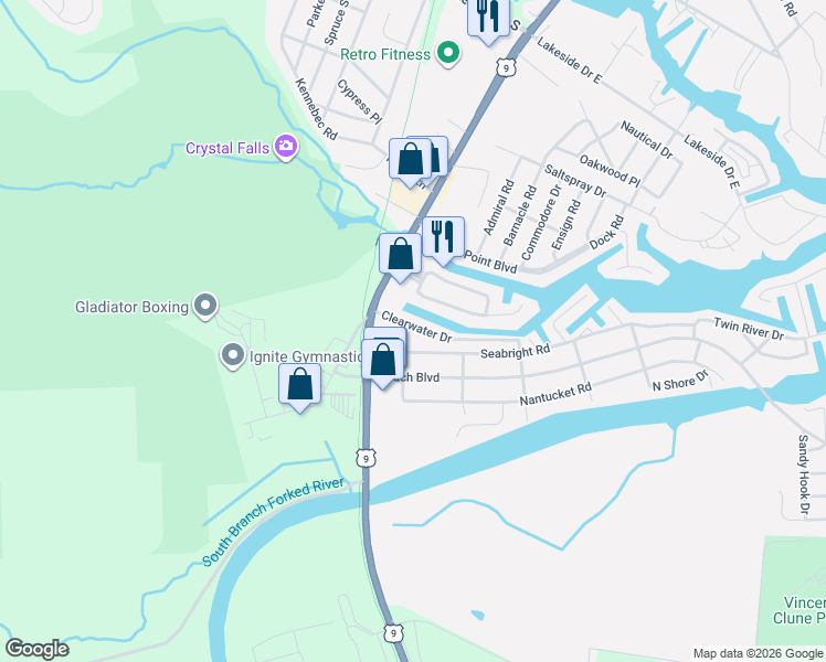 map of restaurants, bars, coffee shops, grocery stores, and more near 105 Clearwater Drive in Lacey Township