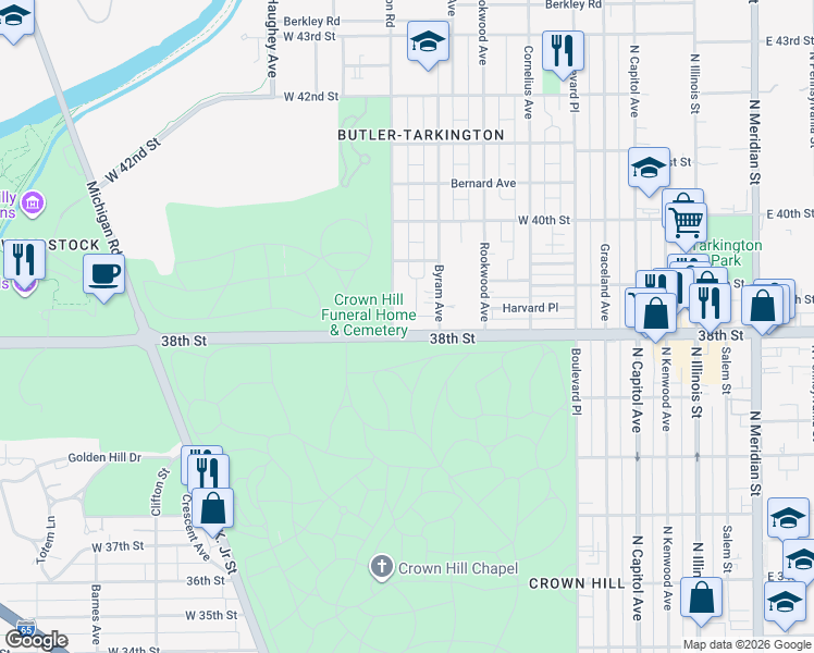 map of restaurants, bars, coffee shops, grocery stores, and more near 634 38th Street in Indianapolis
