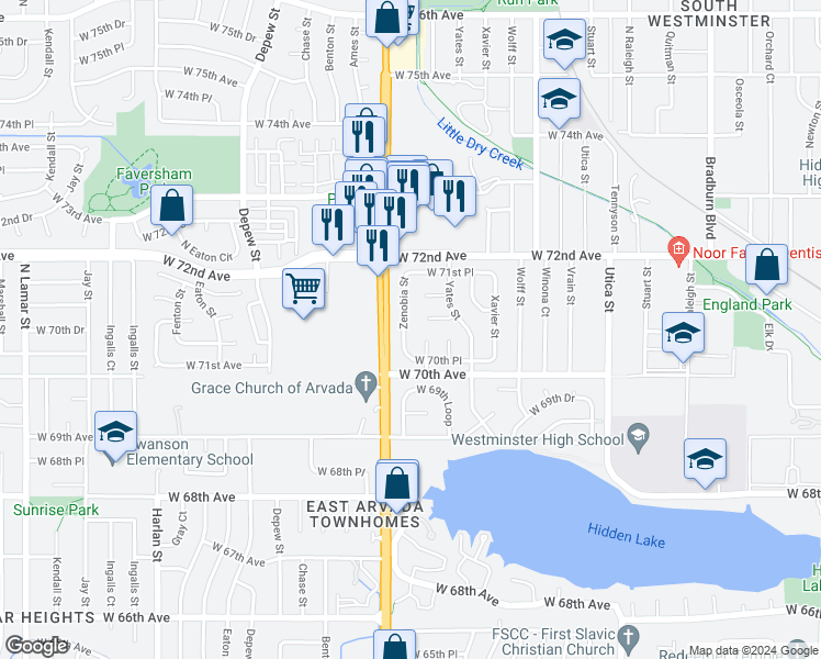 map of restaurants, bars, coffee shops, grocery stores, and more near 7040 Zenobia Street in Westminster