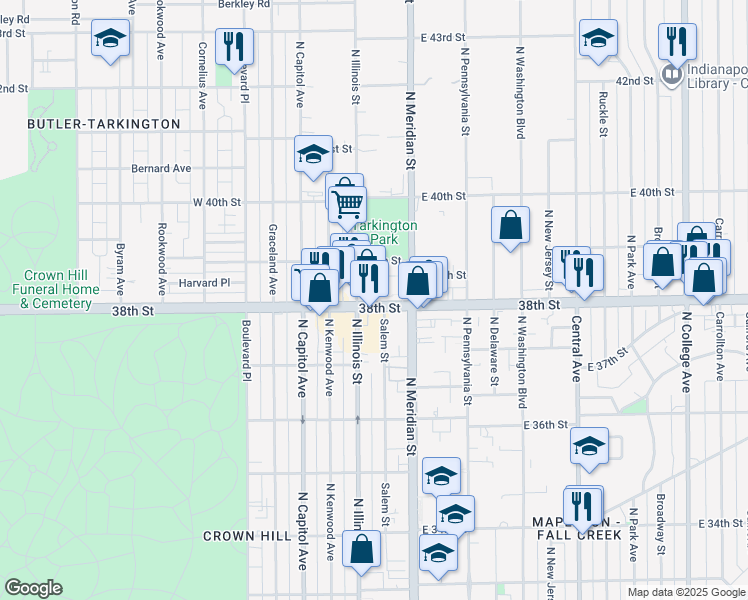 map of restaurants, bars, coffee shops, grocery stores, and more near 46 West 38th Street in Indianapolis