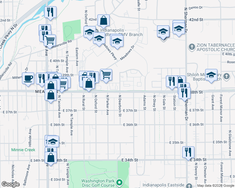 map of restaurants, bars, coffee shops, grocery stores, and more near 3041 East 38th Street in Indianapolis