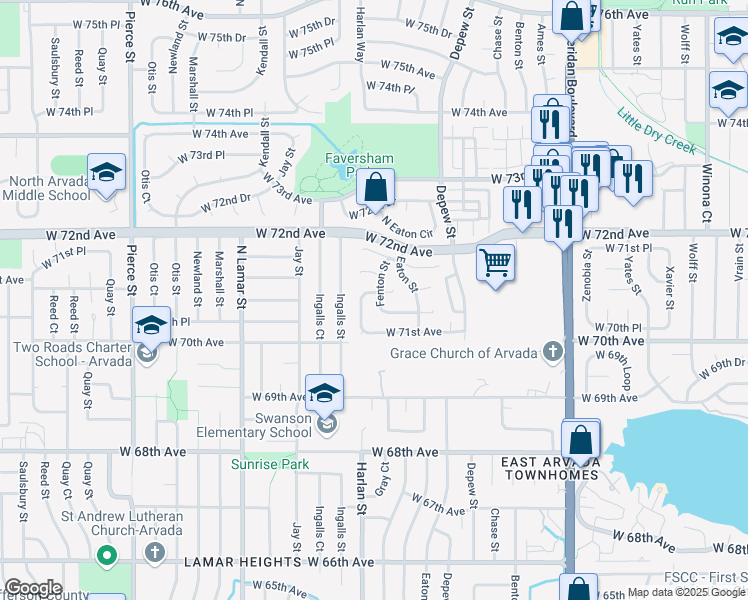 map of restaurants, bars, coffee shops, grocery stores, and more near 7147 Fenton Street in Arvada