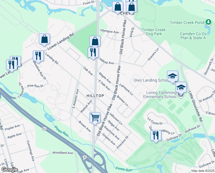 map of restaurants, bars, coffee shops, grocery stores, and more near 43 East Oak Avenue in Camden County