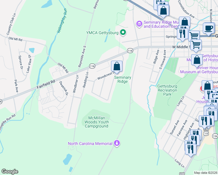 map of restaurants, bars, coffee shops, grocery stores, and more near 55 Confederate Drive in Gettysburg