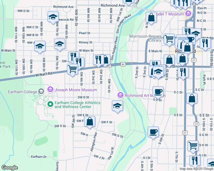 map of restaurants, bars, coffee shops, grocery stores, and more near 300 Southwest 1st Street in Richmond