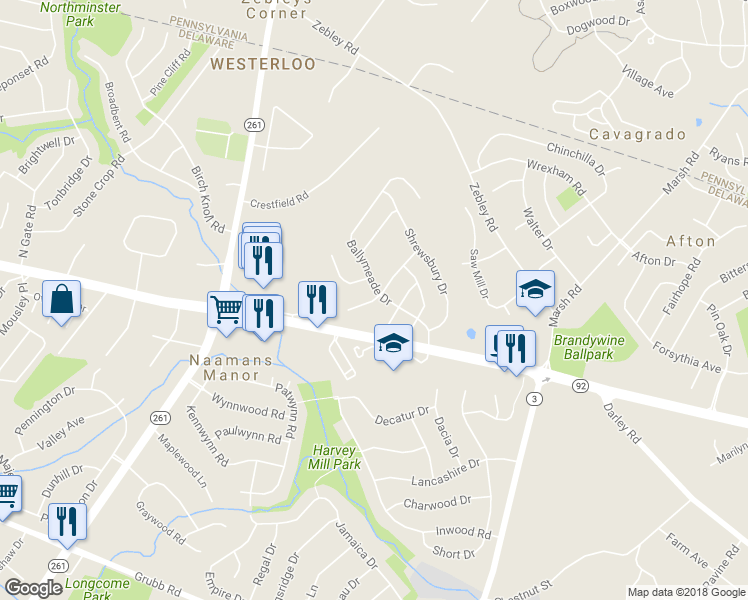 map of restaurants, bars, coffee shops, grocery stores, and more near 805 West Boxborough Drive in Wilmington