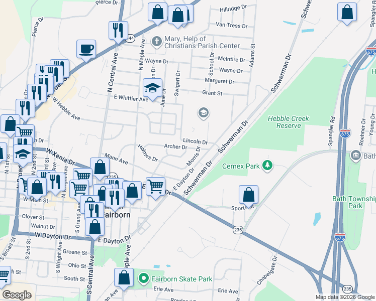 map of restaurants, bars, coffee shops, grocery stores, and more near 342 Archer Drive in Fairborn