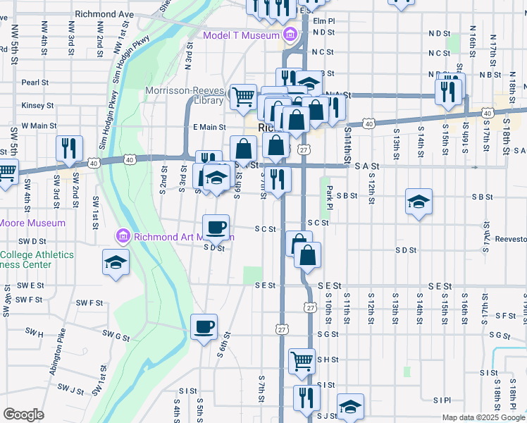 map of restaurants, bars, coffee shops, grocery stores, and more near 225 South 7th Street in Richmond
