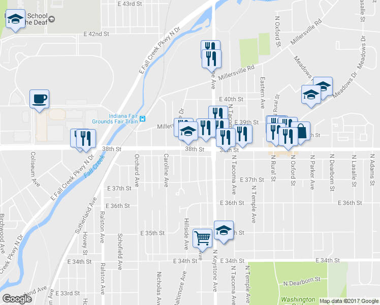 map of restaurants, bars, coffee shops, grocery stores, and more near 2217 East 38th Street in Indianapolis