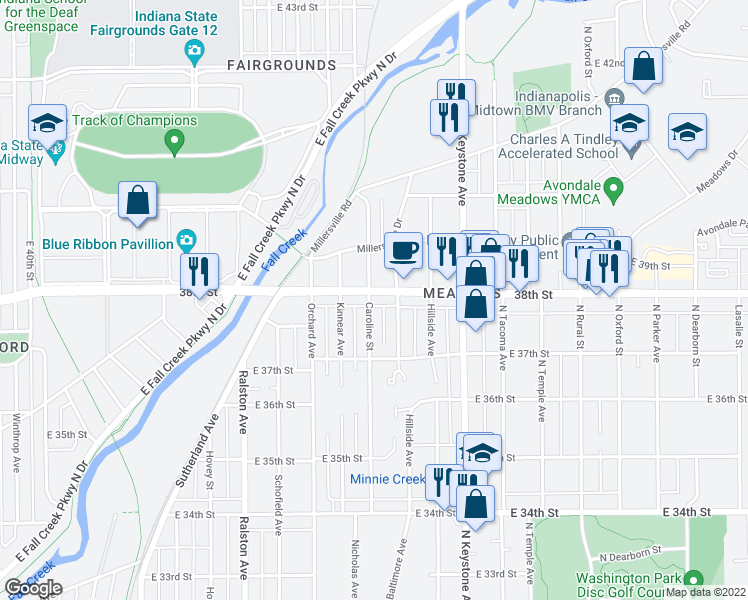 map of restaurants, bars, coffee shops, grocery stores, and more near 2007 East 38th Street in Indianapolis