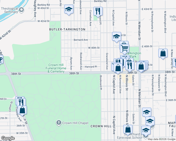 map of restaurants, bars, coffee shops, grocery stores, and more near 406 38th Street in Indianapolis