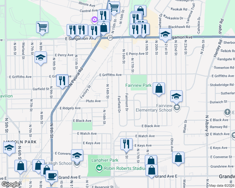 map of restaurants, bars, coffee shops, grocery stores, and more near 1801-1999 Fairfield Dr in Springfield