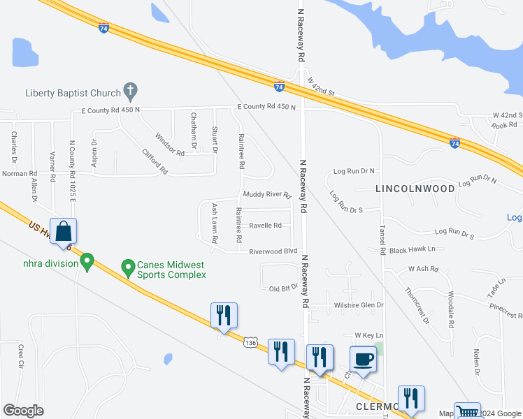 map of restaurants, bars, coffee shops, grocery stores, and more near Running Brook Road in Indianapolis