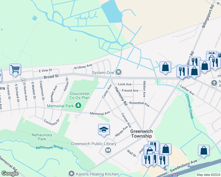 map of restaurants, bars, coffee shops, grocery stores, and more near 100 Carter Avenue in Gibbstown