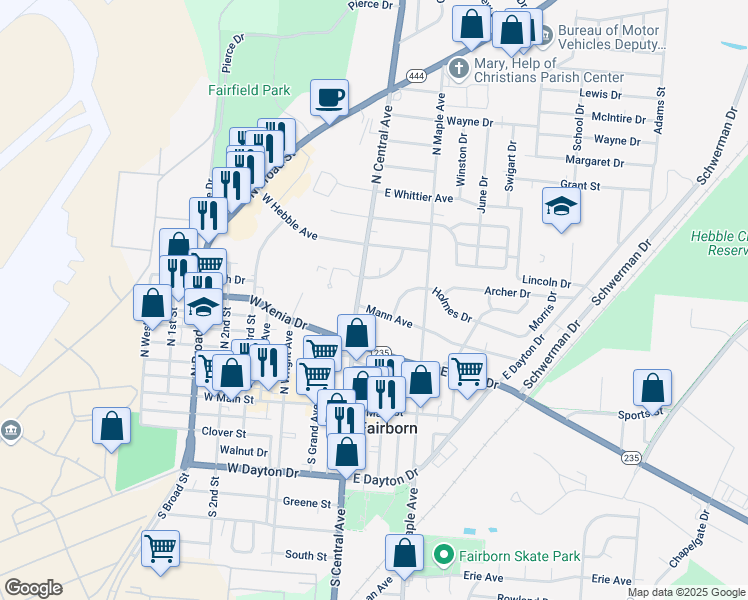 map of restaurants, bars, coffee shops, grocery stores, and more near 27 Mann Avenue in Fairborn