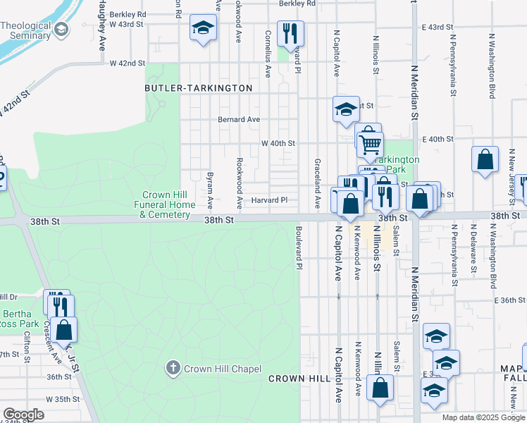 map of restaurants, bars, coffee shops, grocery stores, and more near 406 38th Street in Indianapolis